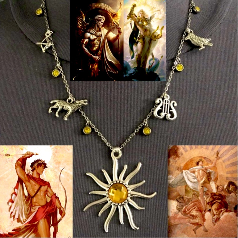 “Apollo: God of the Sun" Greek Roman Mythology Handmade Necklace, Lyre, Wolf